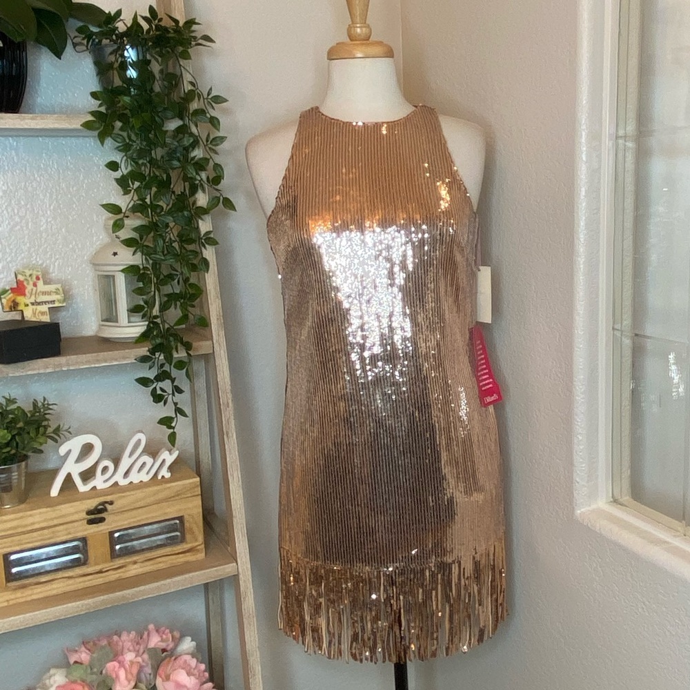 🆕NWT Alex Marie Rose Gold Sequin Fringe Mini Dress Size 2 Party Prom Cocktail